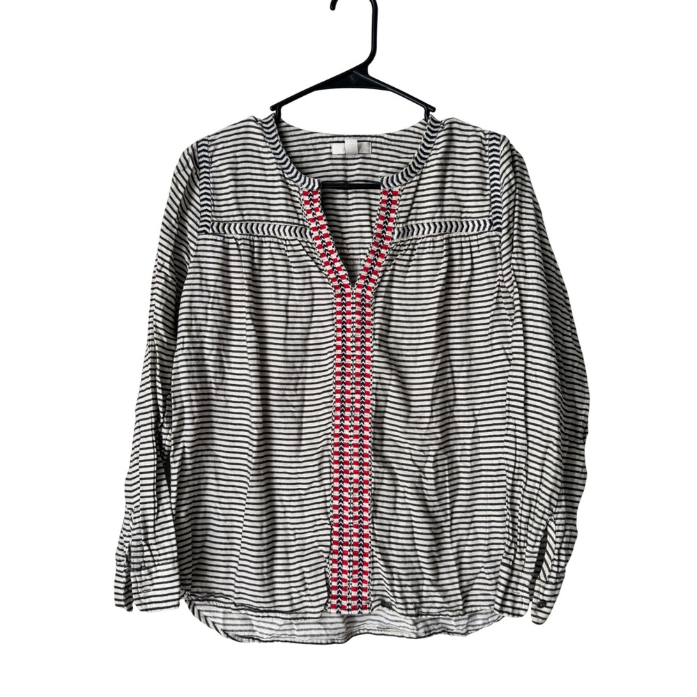 J.Crew Navy White Striped Embroidered Split Neck Blouse Top Size 4